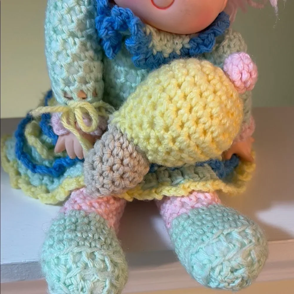 Vintage Adorable Pink and Blue Crochet Doll